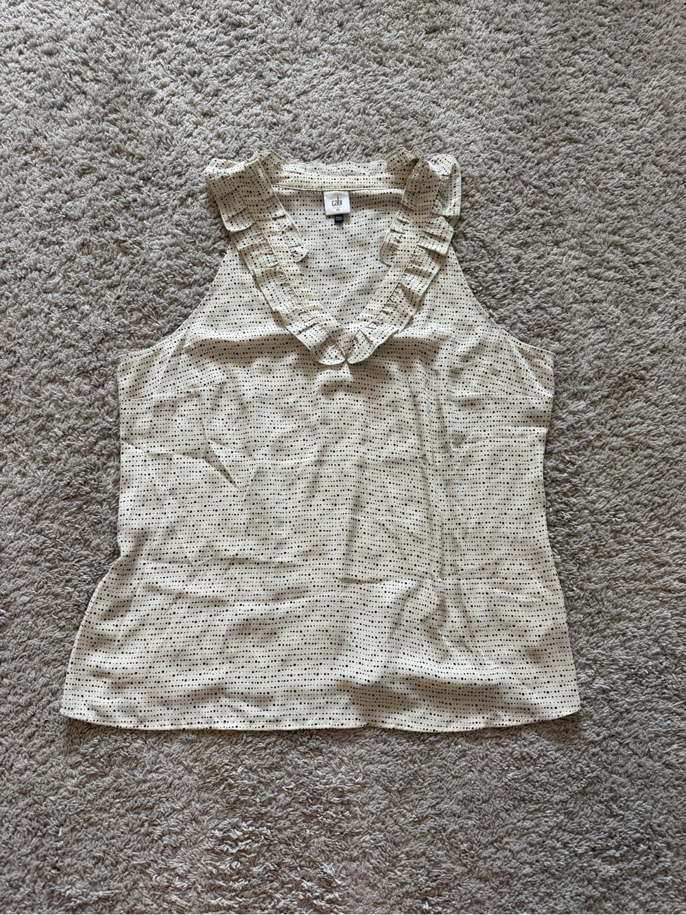 CAbi Cream Sleeveless Ruffle V-Neck Dot-Print Top